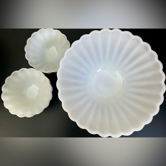 Vintage Milk Glass Serving Bowl and 5 Salad Bowls Rachel Pattern Anchor Hocking - Picture 1 of 13